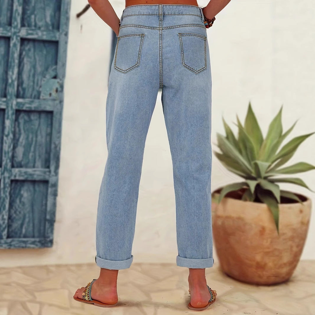 Damen Gerade geschnittene Jeans mit bunten Blumenapplikationen und leichten Destroy-Details Nord Taschen