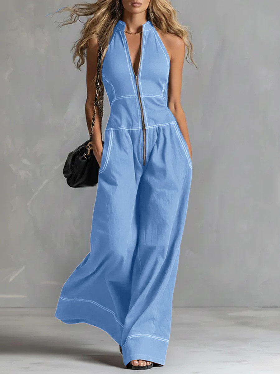 Damen Ärmelloser Halter-Jumpsuit mit Reißverschluss, weitem Bein und Eingrifftaschen Nord Taschen