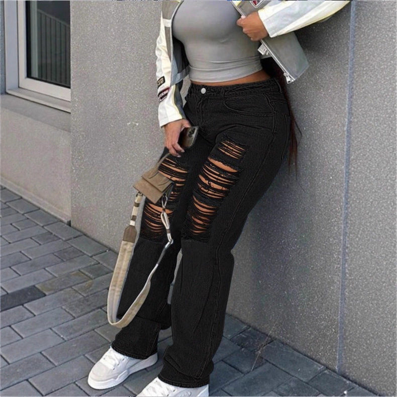 Damen hochgeschnittene weite Denim-Jeans mit ausgeprägten Ripped-Details und lässigem Schnitt Nord Taschen