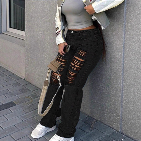 Damen hochgeschnittene weite Denim-Jeans mit ausgeprägten Ripped-Details und lässigem Schnitt Nord Taschen