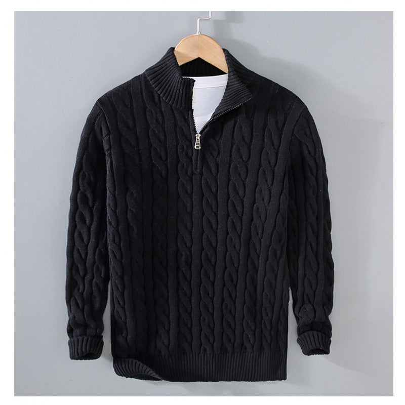 Herren Zopfmuster-Halbzip-Pullover aus weicher Baumwollmischung mit Stehkragen Nord Taschen