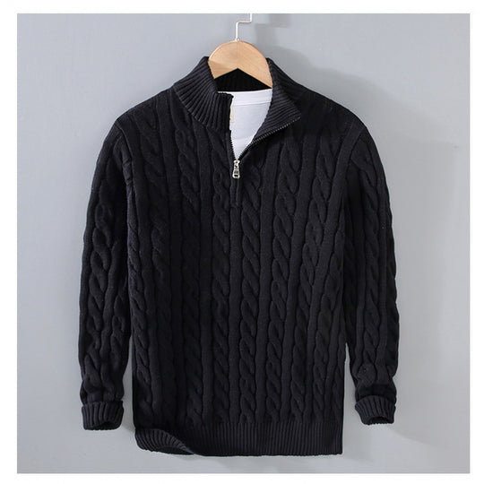Herren Zopfmuster-Halbzip-Pullover aus weicher Baumwollmischung mit Stehkragen Nord Taschen