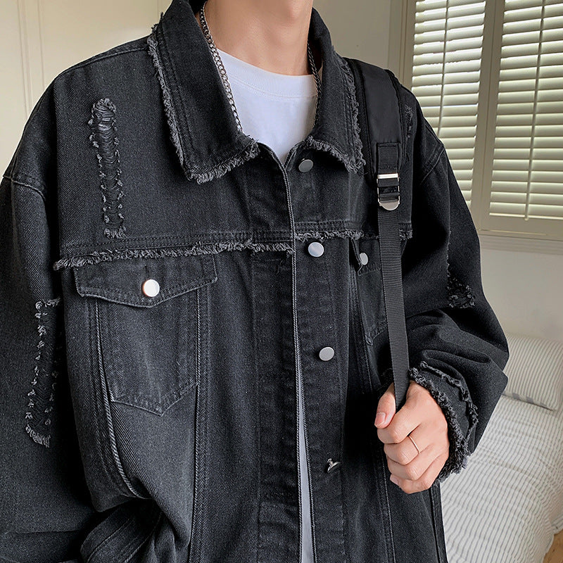 Herren Oversize Jeansjacke mit Used‑Look, ausgefransten Kanten und Druckknöpfen Nord Taschen