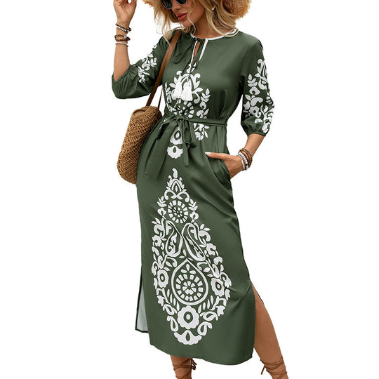 Damen Maxikleid mit Ethno‑Print, V‑Ausschnitt, knöchellanger Schnitt und Bindegürtel Nord Taschen