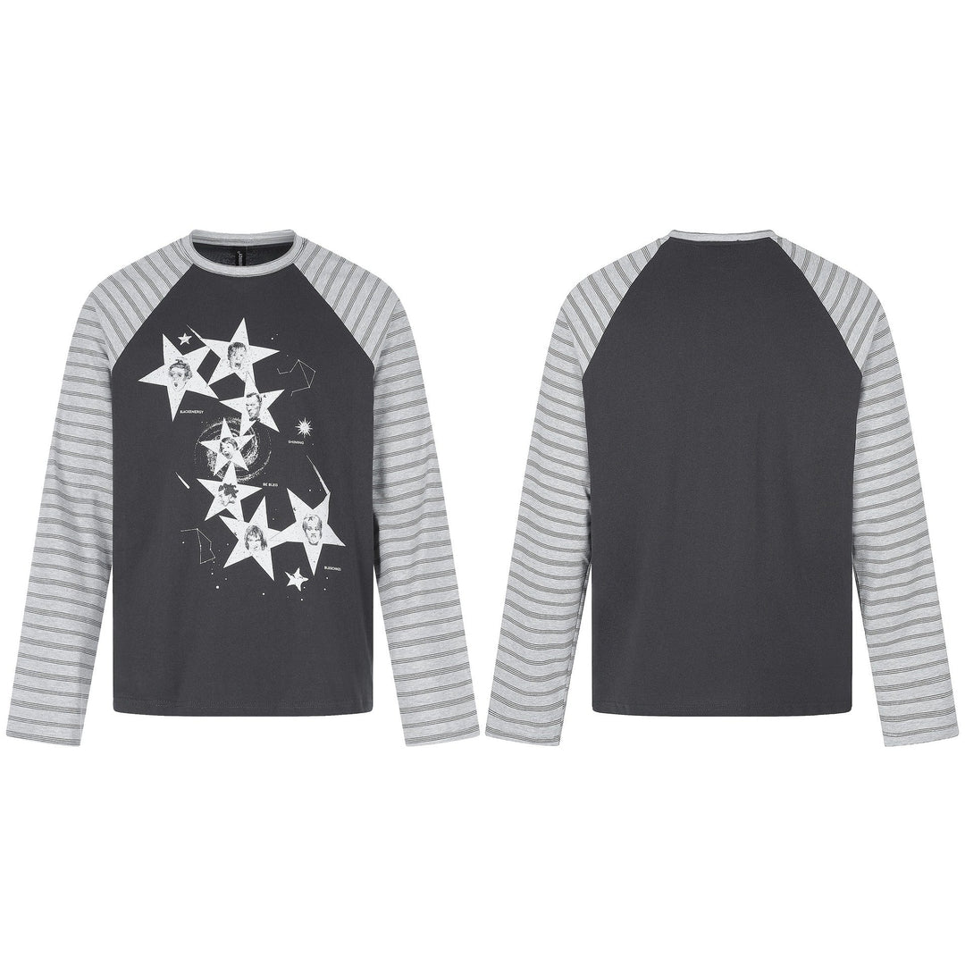 Herren Langarmshirt im Raglanstil mit großflächigem Stern-Print und gestreiften Ärmeln Nord Taschen