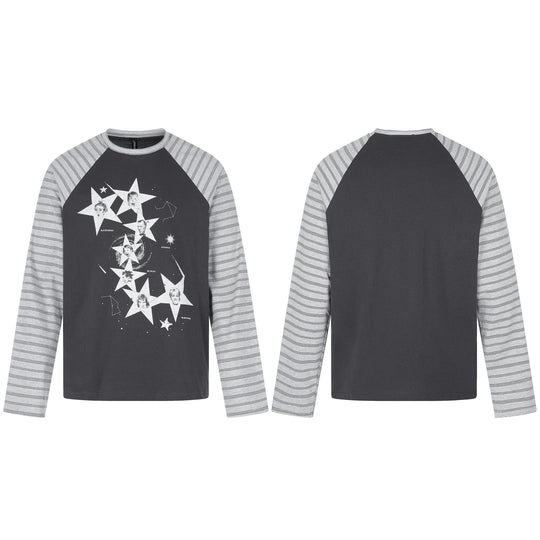 Herren Langarmshirt im Raglanstil mit großflächigem Stern-Print und gestreiften Ärmeln Nord Taschen