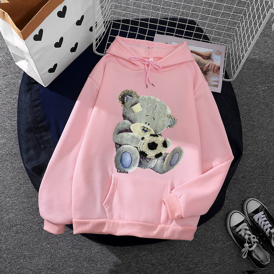 Damen nan kuscheliger Kapuzenpullover mit Teddy-Applikation, weichem Fleece-Futter und Kängurutasche Nord Taschen