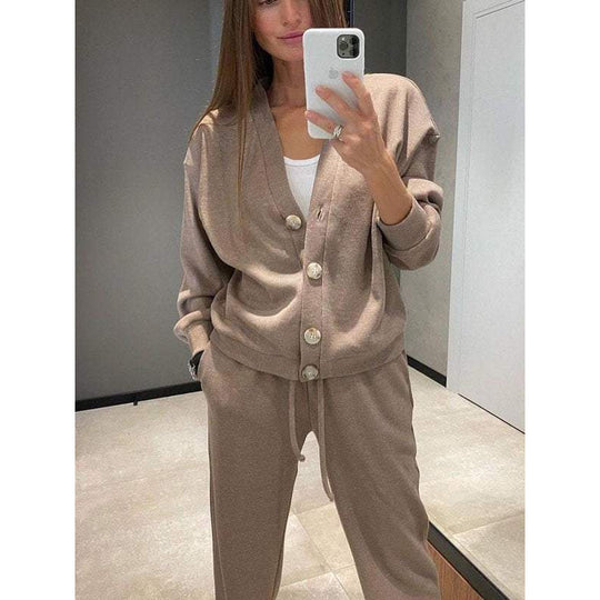 Damen Strick-Loungewear-Set mit V-Ausschnitt-Cardigan und weitem Kordelbund-Hose Nord Taschen