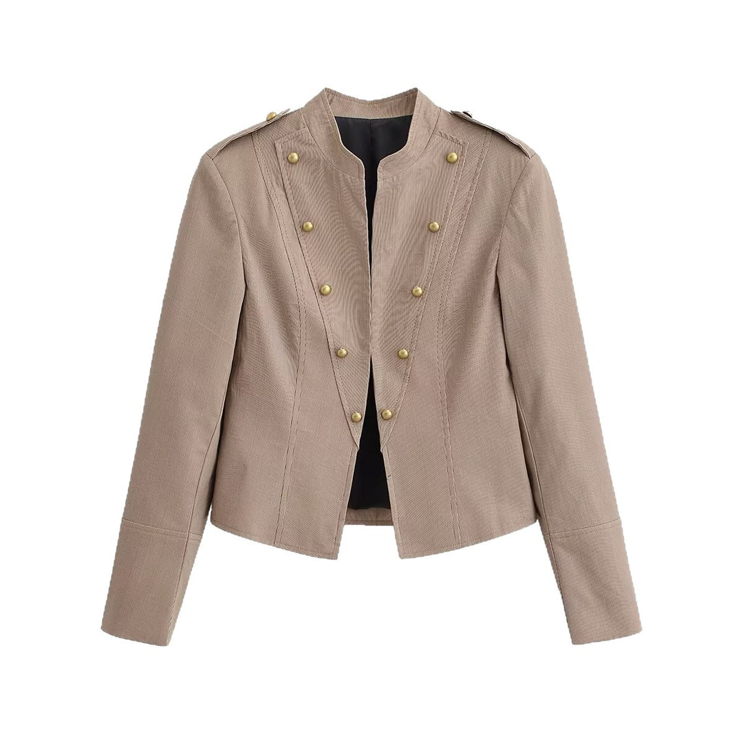 Damen Kurzgeschnittene taillierte Militärjacke mit Stehkragen und Zierknöpfen Nord Taschen