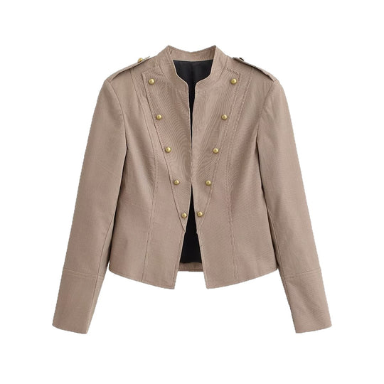 Damen Kurzgeschnittene taillierte Militärjacke mit Stehkragen und Zierknöpfen Nord Taschen