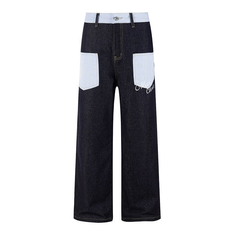 Damen Weite Denim-Hose im Culotte-Stil mit Karomuster-Taschen und hoher Taille Nord Taschen