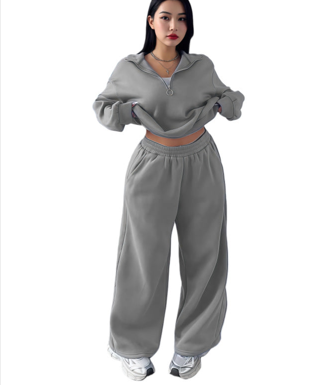 Damen Cropped Oversize-Sweatshirt mit halbem Reißverschluss und weite High-Waist Jogginghose Set Nord Taschen