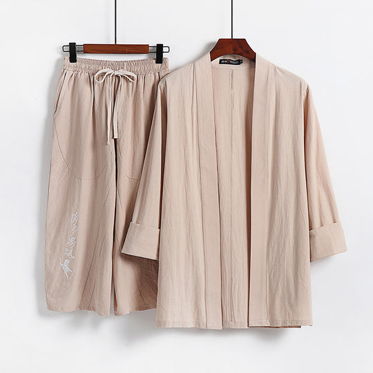 Damen Kimono-Set aus leichter Baumwollmischung offene Jacke mit lässig gekrempelten Ärmeln und weiter Haremshose mit Kordelzug Nord Taschen