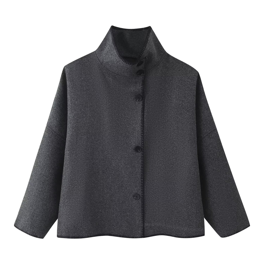 Damen Kurzer kastiger Mantel‑Cape mit Stehkragen und Kontrast‑Ziernaht Nord Taschen