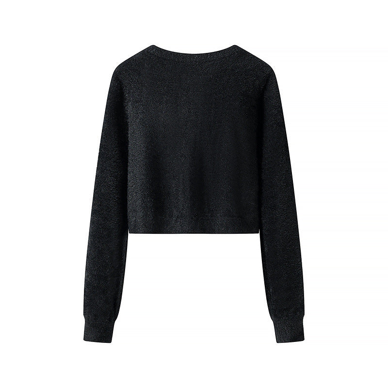 Damen Flauschige Cropped-Strickjacke mit Rundhals und Zierknopfleiste Nord Taschen