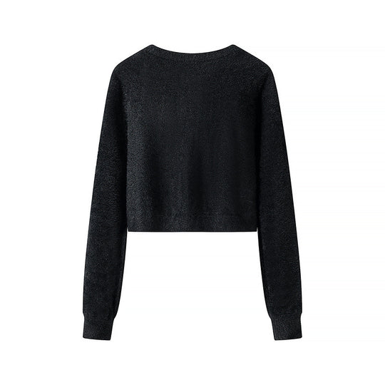Damen Flauschige Cropped-Strickjacke mit Rundhals und Zierknopfleiste Nord Taschen