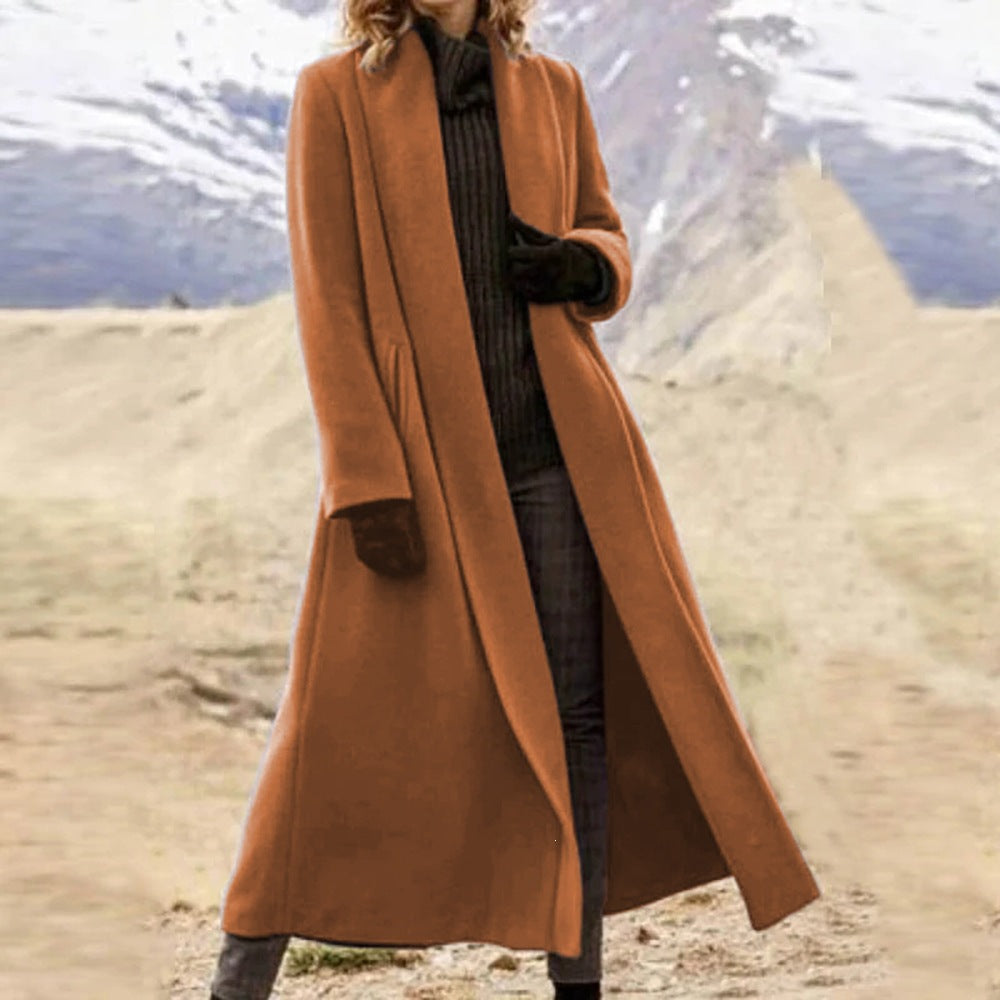 Damen eleganter langer Wollmix-Mantel mit offenem Fall und seitlichen Eingrifftaschen Nord Taschen