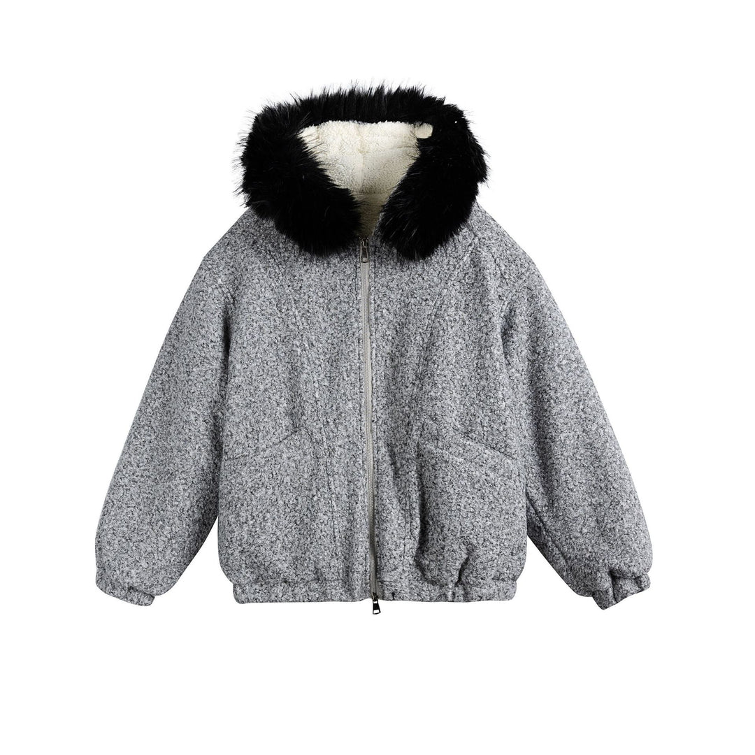 Damen Bouclé-Blousonjacke mit voluminösem Faux-Fur-Kragen und Thermofutter Nord Taschen