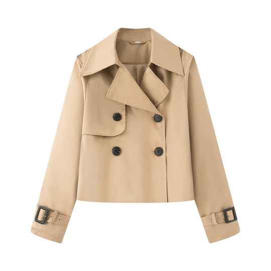 Damen Cropped-Doppeltreiher Trenchcoat mit breitem Revers und verstellbaren Manschetten Nord Taschen