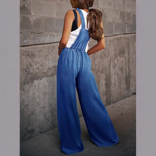 Damen Weite Denim-Latzhose im Palazzo-Schnitt mit verstellbaren Trägern Nord Taschen