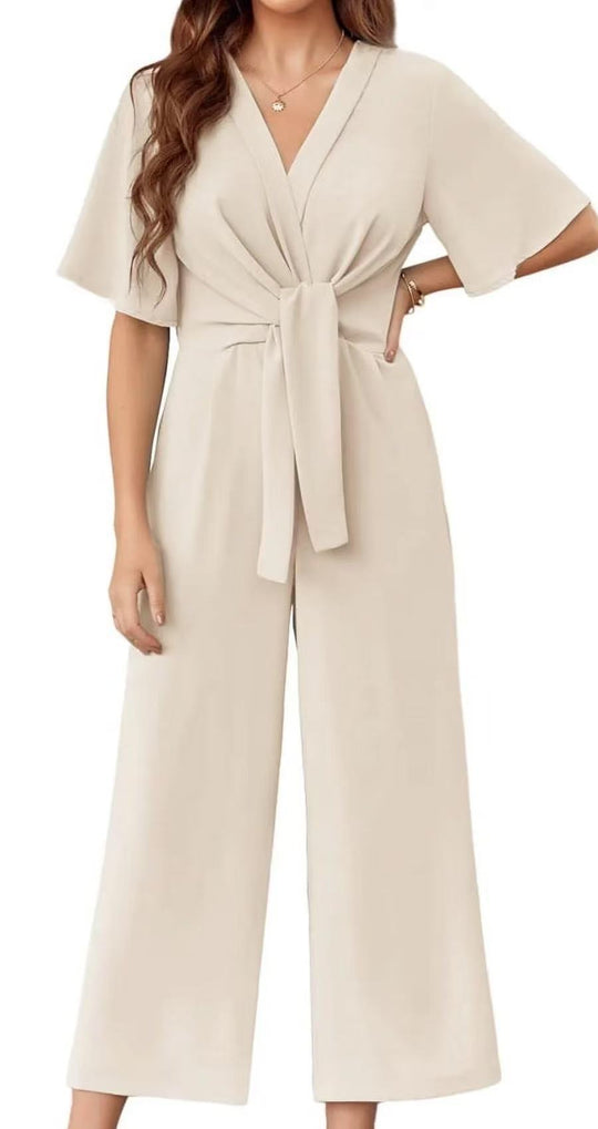 Damen eleganter Wickel-Jumpsuit mit weiten Beinen und Taillengürtel