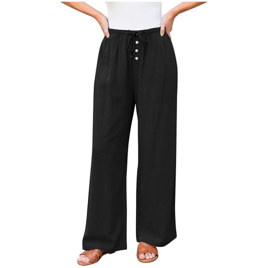 Damen Leinenoptik-Hose mit weitem Bein, Gummizug-Taille, Tunnelzug und Knopfdetail Nord Taschen