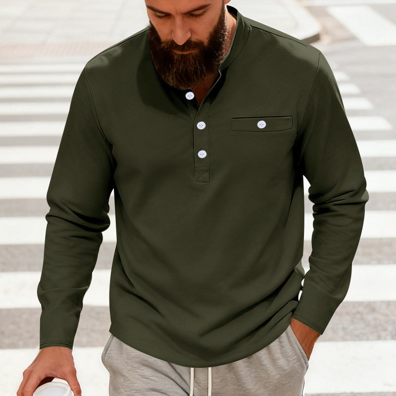 Herren Lässiges Henley-Langarmshirt mit Stehkragen, Brusttasche und abgerundetem Saum Nord Taschen