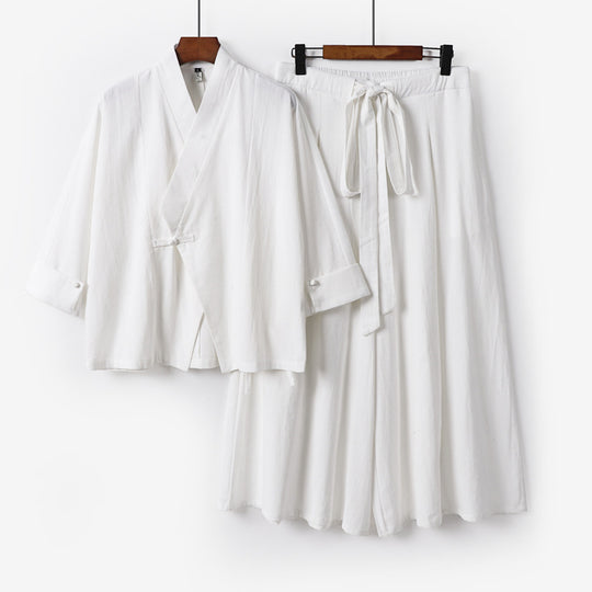 Damen Leichtes Kimono-Loungewear-Set mit V-Ausschnitt dreiviertelärmeln und weiten Palazzo-Hosen Nord Taschen