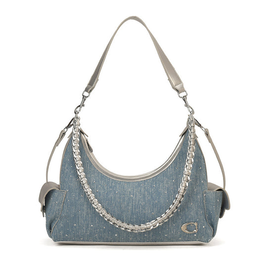 Damen elegante Beuteltasche aus Denim mit dekorativer Kettenverzierung Nord Taschen
