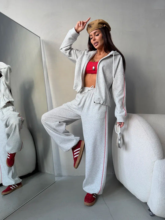 Damen lässiges Lounge-Set aus French-Terry mit Kurzzip-Hoodie und High-Waist Wide-Leg Jogginghose mit Kontrastpaspel Nord Taschen