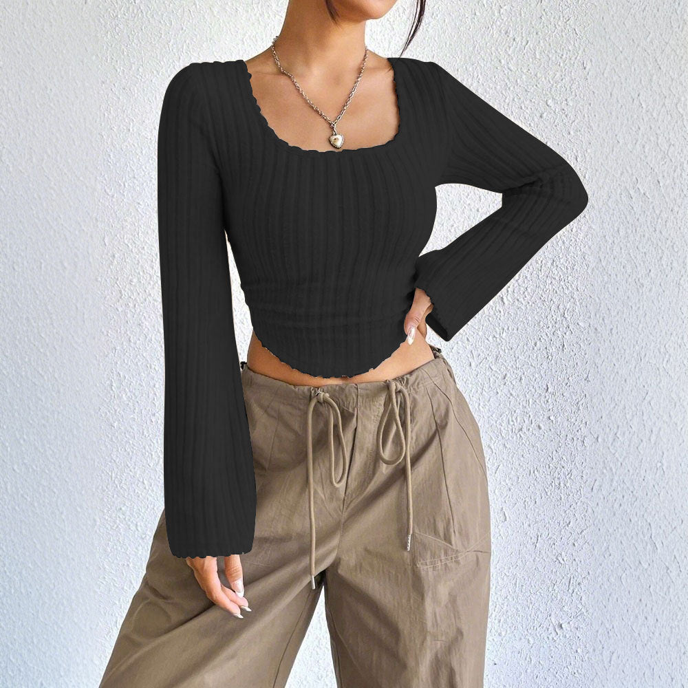 Damen geripptes Crop-Top mit quadratischem Ausschnitt, gewelltem Saum und ausgestellten Ärmeln Nord Taschen