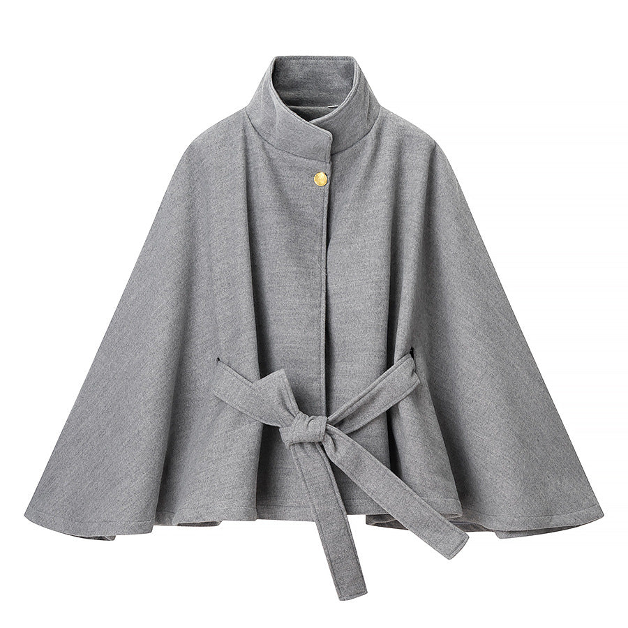 Damen Kurzcape-Mantel aus Wollmix mit Stehkragen, weitem Kimonoärmel und Bindegürtel Nord Taschen