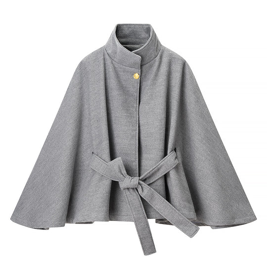 Damen Kurzcape-Mantel aus Wollmix mit Stehkragen, weitem Kimonoärmel und Bindegürtel Nord Taschen
