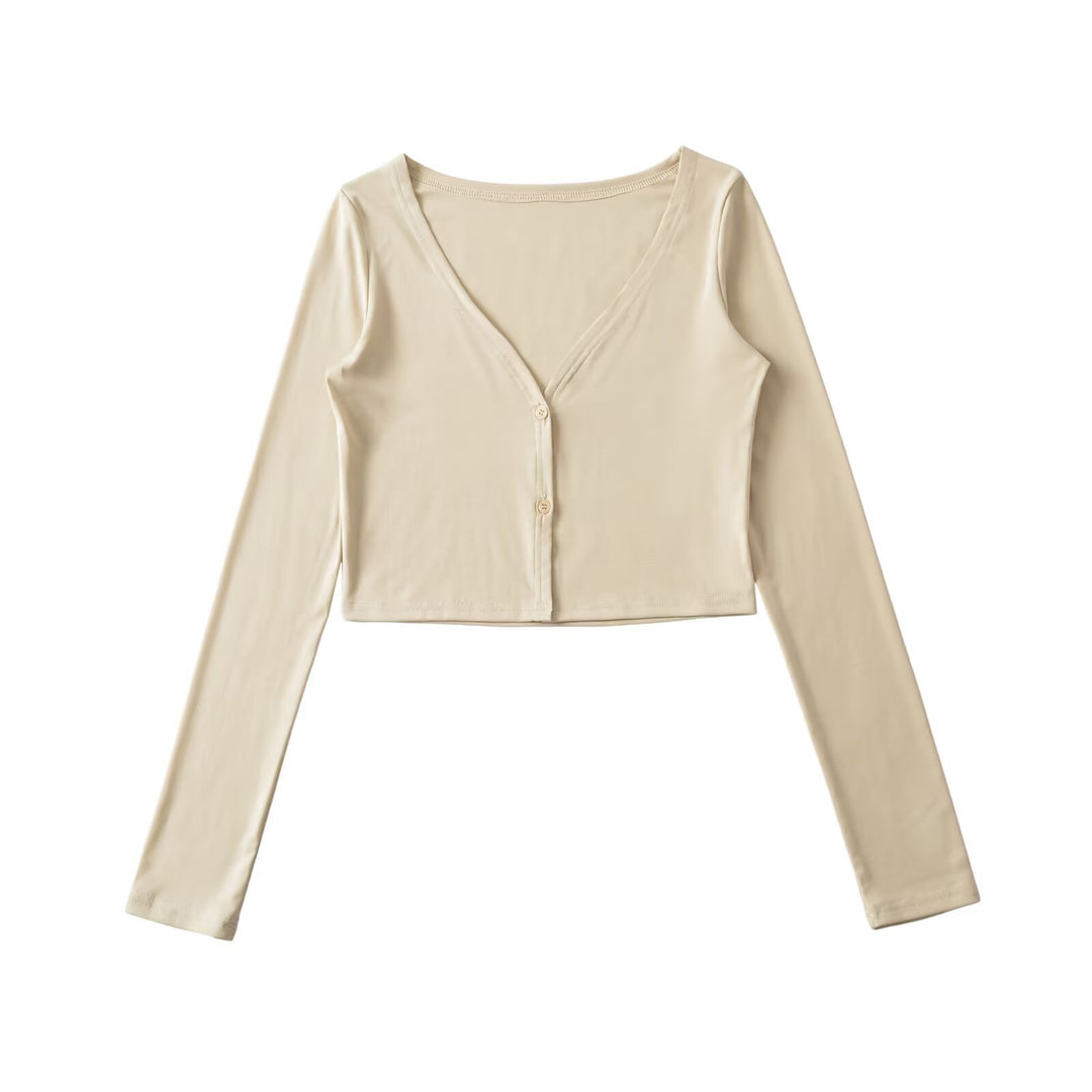 Damen Cropped Jersey-Cardigan mit tiefem V-Ausschnitt und schmaler Knopfleiste Nord Taschen