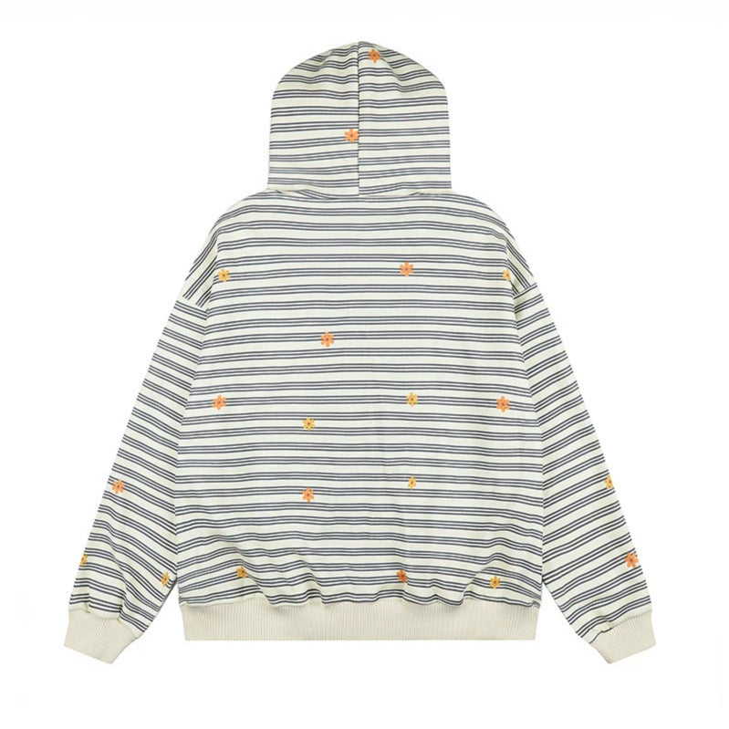 Damen Kapuzen-Zipjacke im gestreiften French-Terry mit Kunstfellkapuze und Blumenstickerei Nord Taschen