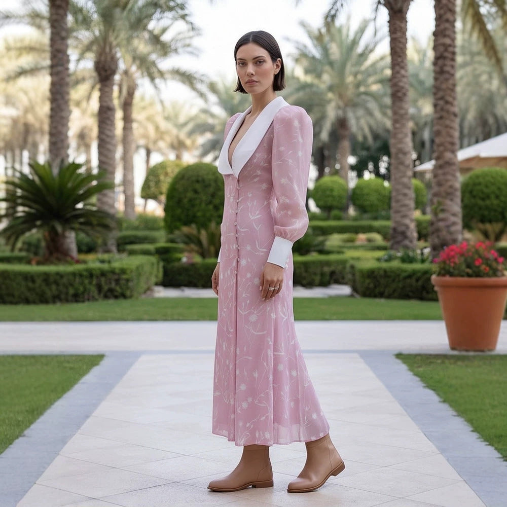 Damen Midikleid mit tiefem Schalkragen, Puffärmeln und seitlichem Schlitz Nord Taschen