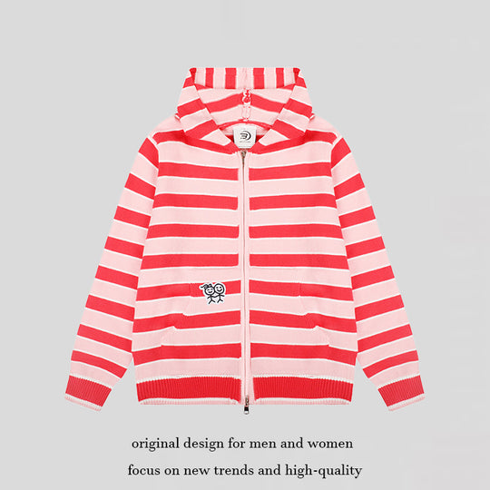 Damen Kapuzen‑Strickjacke mit durchgehendem Reißverschluss, gestreifter Struktur und Stickdetail Nord Taschen