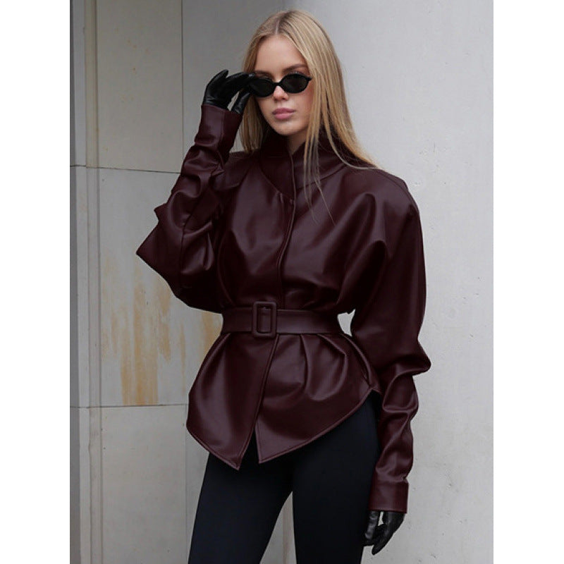Damen Lederoptik Jacke mit tailliertem Gürtel und hohem Stehkragen Nord Taschen