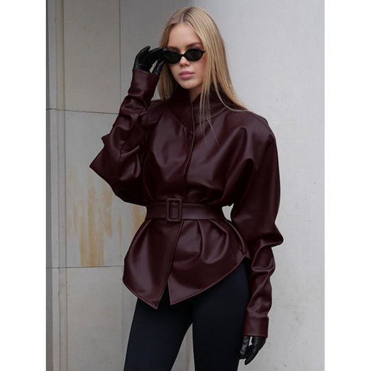 Damen Lederoptik Jacke mit tailliertem Gürtel und hohem Stehkragen Nord Taschen