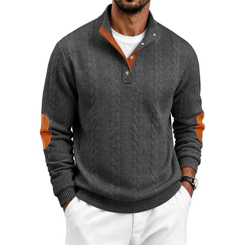 Herren Edler Zopfmuster-Strickpullover mit Kurzknopfleiste und Ellenbogenpatches Nord Taschen