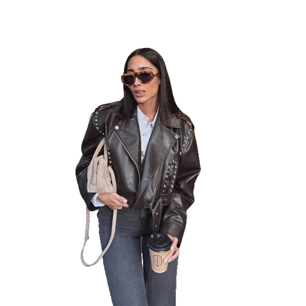Damen Kurze Nieten-Bikerjacke aus Lederimitat mit Taillengürtel Nord Taschen