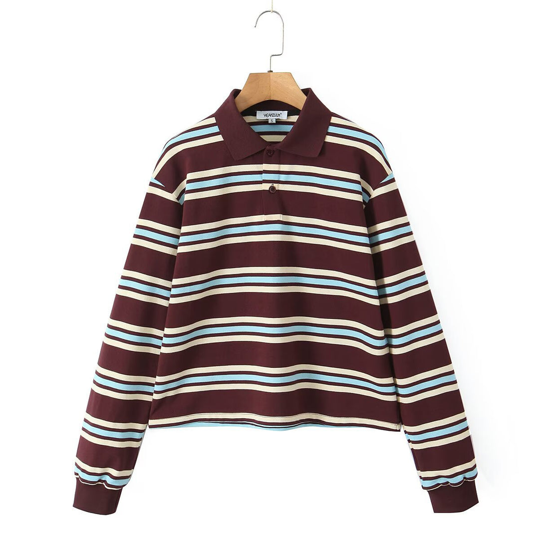 Damen Lässiges Langarm-Poloshirt mit Streifenmuster und Rippbündchen Nord Taschen