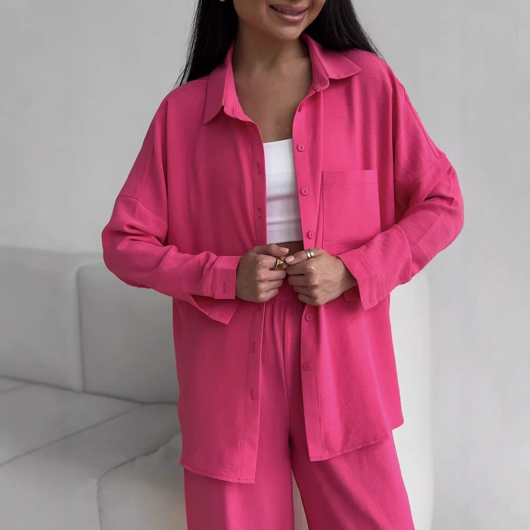 Damen Zweiteiliges Lounge-Set Oversize-Bluse mit Brusttasche und weiter Palazzo-Hose Nord Taschen
