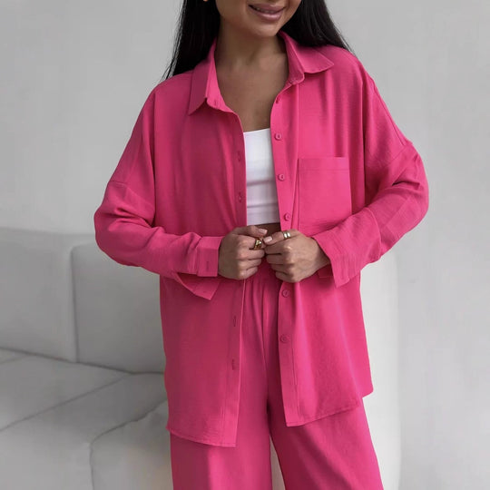 Damen Zweiteiliges Lounge-Set Oversize-Bluse mit Brusttasche und weiter Palazzo-Hose Nord Taschen