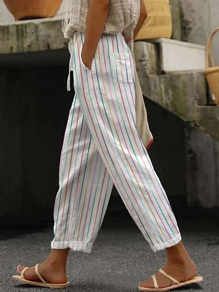 Damen Weite Leinenhose mit handgewNord Taschentem Muster
