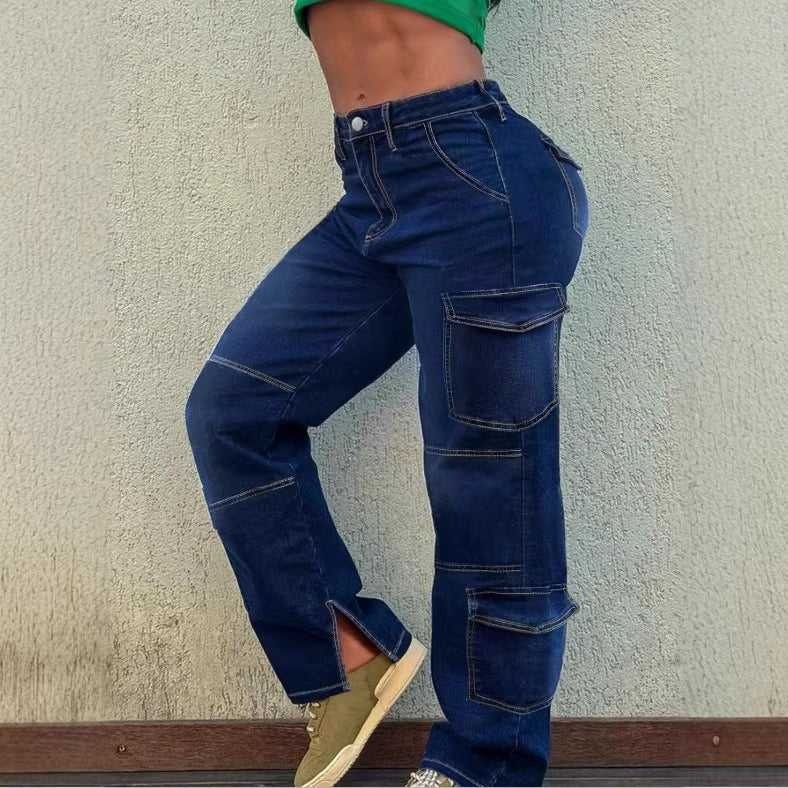 Damen Utility-Cargo-Denimhose mit tiefem Bund, Paneelnähten und funktionalen Taschen Nord Taschen