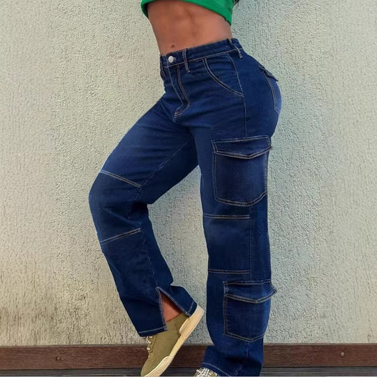 Damen Utility-Cargo-Denimhose mit tiefem Bund, Paneelnähten und funktionalen Taschen Nord Taschen