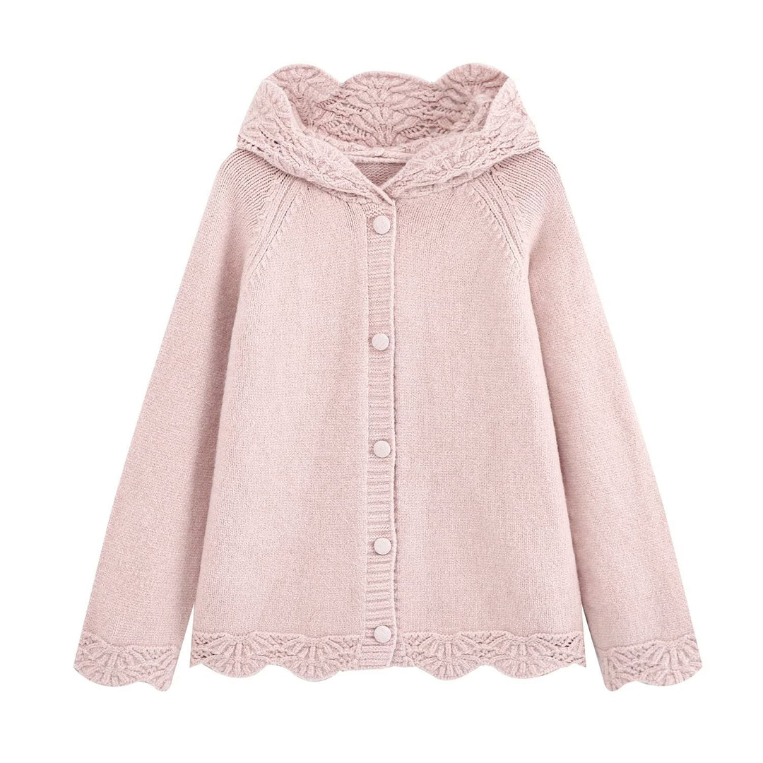 Damen Feinstrick-Cardigan mit Kapuze, Knopfleiste und gehäkelter Borte Nord Taschen