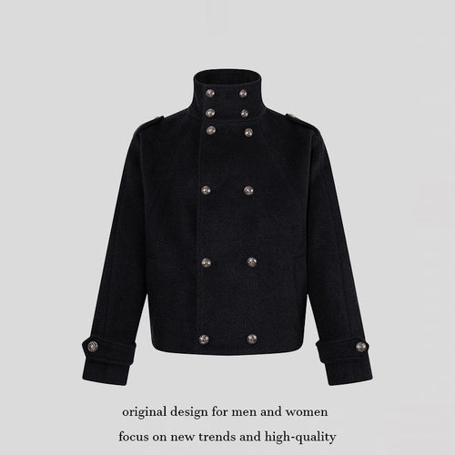 Damen Kurze Doppelreihige Militärische Cabanjacke mit Stehkragen und Epauletten Nord Taschen