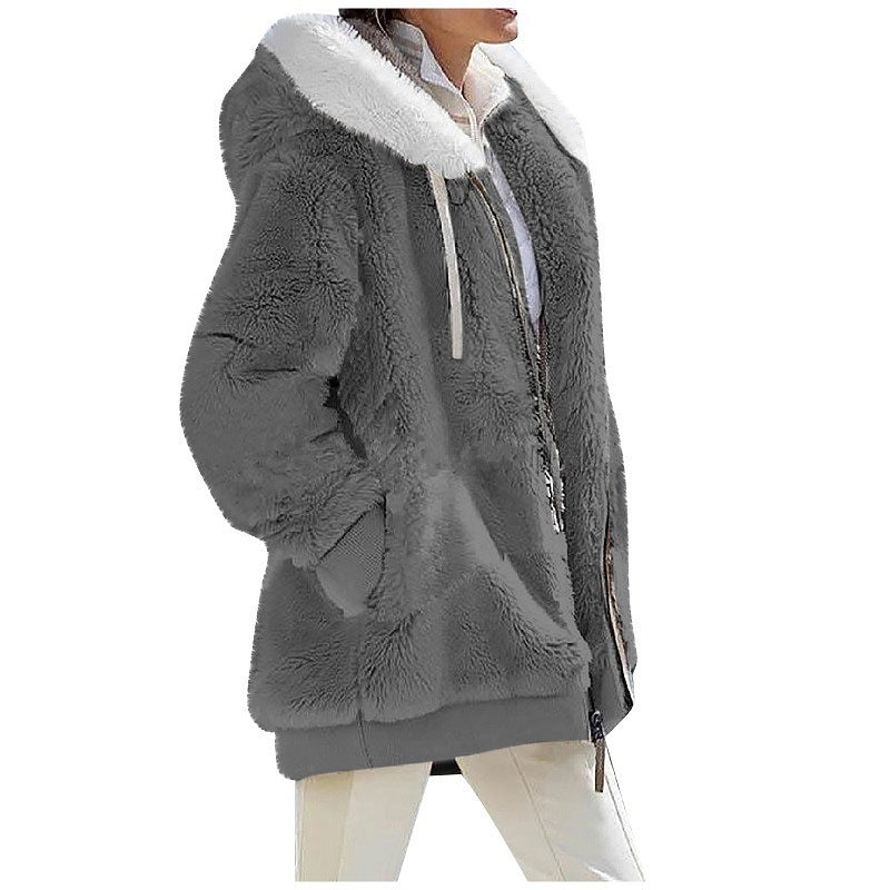 Damen Kuschelige Teddy-Kapuzenjacke mit Kontrastbesatz, Reißverschluss und Eingrifftaschen Nord Taschen